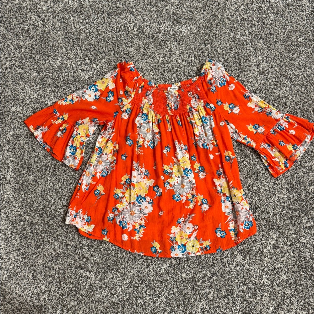 beachlunchlounge Orange Flutter Sleeve Boho Smocked Blouse